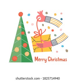 A man opens a Christmas gift. Vector funny illustration.