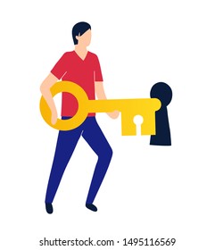 A man opens or closes the lock with a key. Hacking and data security