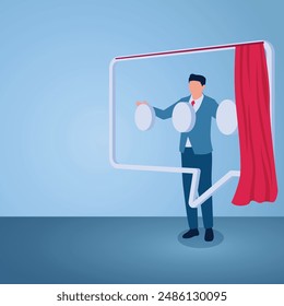 Un hombre abre una cortina cubriendo una Grande burbuja de chat frente a él, una ilustración de la comunicación abierta.