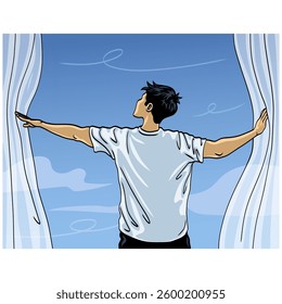 Man Opens Curtains Window Enjoying Fresh Air Vector Illustration
