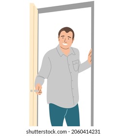 The man opens the door. A man enters a room at home. Flat vector illustration.