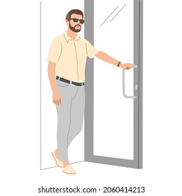 The man opens the door and goes outside. Flat vector illustration.