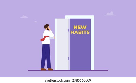 Man opens door looking for new direction. New habits for successful businessman. Choose a new direction, make a choice concept.