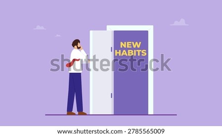 Man opens door looking for new direction. New habits for successful businessman. Choose a new direction, make a choice concept.