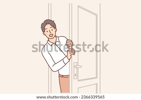 Man opens door and peeks into boss office, asking permission to enter and discuss work matters. Young guy office clerk escorts guests or sees if there are clients waiting for reception