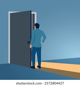 A man opens the door and shines. Illustration to reveal secrets, find strategies and open business tips.