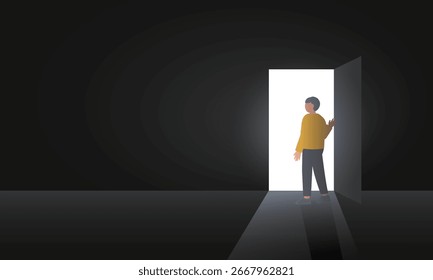 A man opens a door from which light shines into a dark room