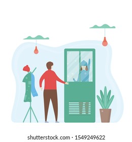 Man opens the door for woman. Couple of love design for winter season. Vector illustration in flat style.
