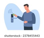 Man opens electronic lock using ID card. Male character scanning at access control system, identity verification to open hotel or office door. Cartoon flat style isolated vector concept