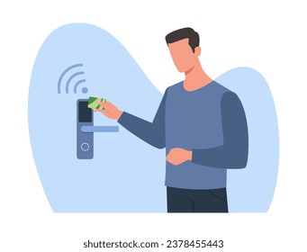 Man opens electronic lock using ID card. Male character scanning at access control system, identity verification to open hotel or office door. Cartoon flat style isolated vector concept