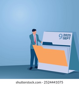 Un hombre abre una carpeta en un calendario de escritorio, una ilustración de la programación, la gestión del tiempo, la optimización del tiempo, la eficiencia y la eficacia.