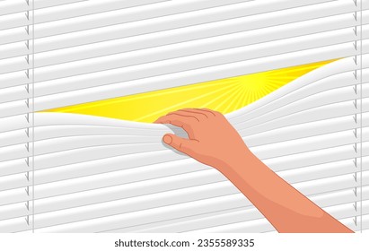 Man opens a gap in the louvers or blinds, and behind them is a sunny day. Vector graphics