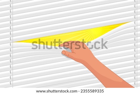 Man opens a gap in the louvers or blinds, and behind them is a sunny day. Vector graphics