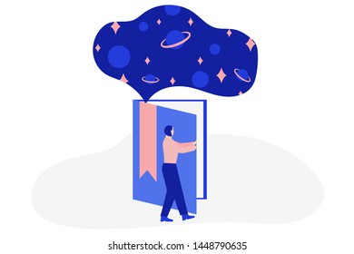 Man opens giant book with space or universe inside. Online education concept. Flat vector illustration.