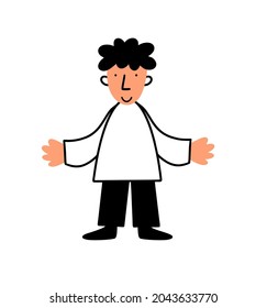 Man opens his arms in hug cartoon style image. Flat vector illustration of doodle boy.