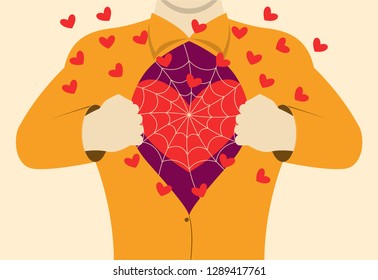 A man opens his chest, showing a loving heart overgrown with cobwebs. Vector illustration.
