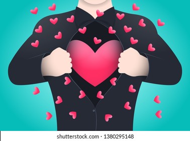 A man opens his chest, showing a loving heart overgrown with cobwebs. Vector illustration.