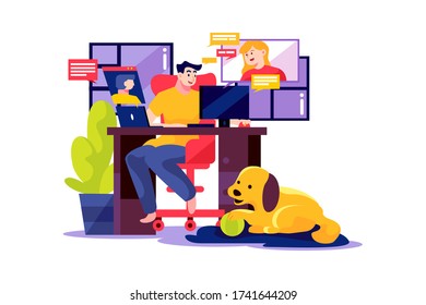 A man opens the online meeting with his team at home