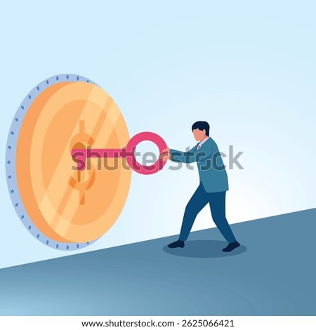 A man opens a safe with a key. A metaphorical illustration for financial keys, wealth and success.