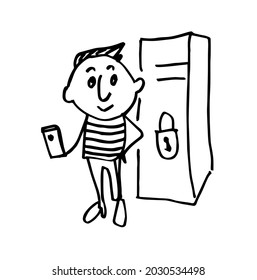 The man opens the safe with a smartphone. A funny character drawn by hand. Sketch. Vector doodle illustration