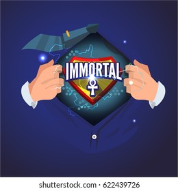 man opens shirt to show "immortal" typographic. immortal concept - vector illustration