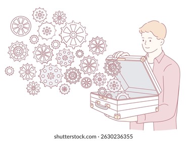 A man opens a suitcase and reveals intricate gears and inventive ideas, symbolizing both creativity and innovation