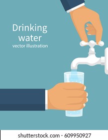 Man opens a water tap with his hand holding a glass. Kitchen faucet. Glass of clean water. Vector illustration flat design. Isolated on background. Filling cup beverage. Pouring fresh drink.