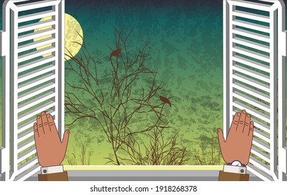 A man opens a window to admire the spring night. In the window you can see the big moon and the silhouette of a tree and songbirds sitting on it. Vector illustration