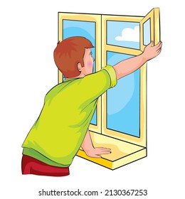 man opens window, airing, cartoon illustration, isolated object on white background, vector, eps