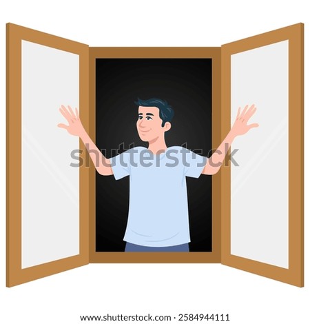Man Opens Window Enjoying Fresh Air Vector Illustration Flat Design