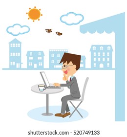 Man to operate the laptop outdoors.