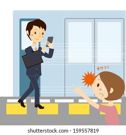 Man to operate the mobile phone while walking