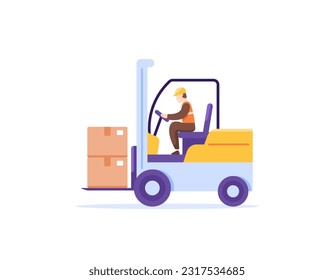 A man operates a forklift to lift and move materials or boxes. Operator forklift. Labor or industrial and project workers. industrial trucks. occupation and profession. Flat, minimalist illustration