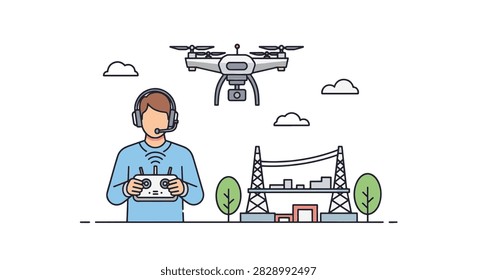 Man operating a camera drone with remote control and headset for industrial power line inspection, clean outline vector illustration style on a white background with trees.
