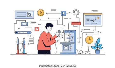 Máquina Complexa Operacional Envolvendo Componentes Elétricos e Ecrãs Digitais Mostrando Análise de Dados e Conexões de Rede