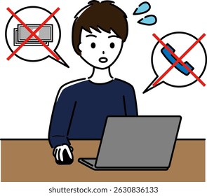 Um homem que opera um computador parece entrar em pânico depois que seu dinheiro foi roubado e seu telefone não está funcionando.