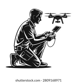 Man operating a drone with remote control and tablet in hand outdoors
