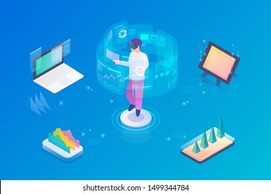Man operating Holographic interface HUD Isometric Flat vector illustration. Virtual Augmented reality Future technology concept.
