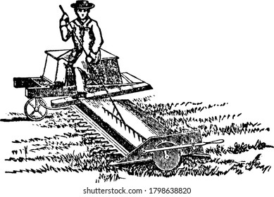 A man operating, Hussey's Reaping-machine, the cutting part, vintage line drawing or engraving illustration.