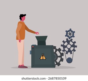 Man operating industrial shredder machine with gears and warning sign