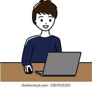 A man operating a laptop mouse with a smile