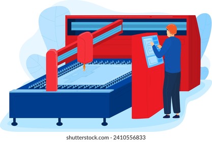 Man operating a large red and blue industrial cutting machine. Worker uses touchscreen panel for CNC equipment. Modern manufacturing and automation vector illustration.