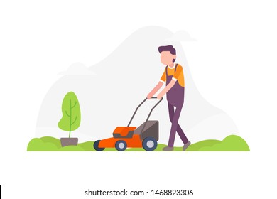 Man operating lawn mower, gardening concept flat illustration