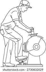 Hombre que opera una máquina mecánica del pedal del pie con la precisión enfocada
