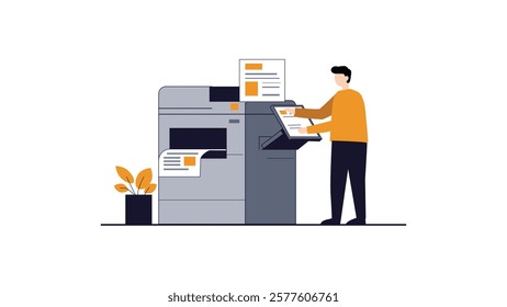 A man operating a printer, collecting documents from the printer in a modern office with a plant nearby