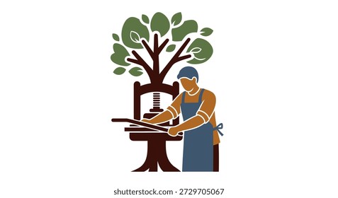 Man operating a printing press below tree