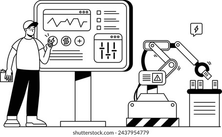 Man operating a robot to produce goods