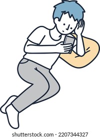 Man operating smartphone while relaxing Simple Illustration