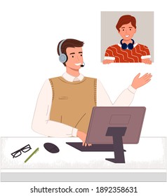 Man operator of call center or hotline. Smiling consultant with headset and computer talking with customer, solving client problems at distance. Video conference meeting. Manager working with call