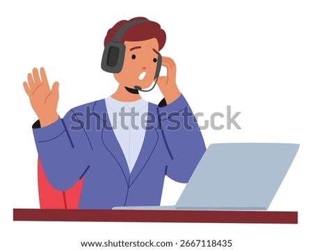 Man operator cartoon character assisting at online crisis hot line encouraging psychological support providing fast emergency consultation to solve people problems in time vector illustration